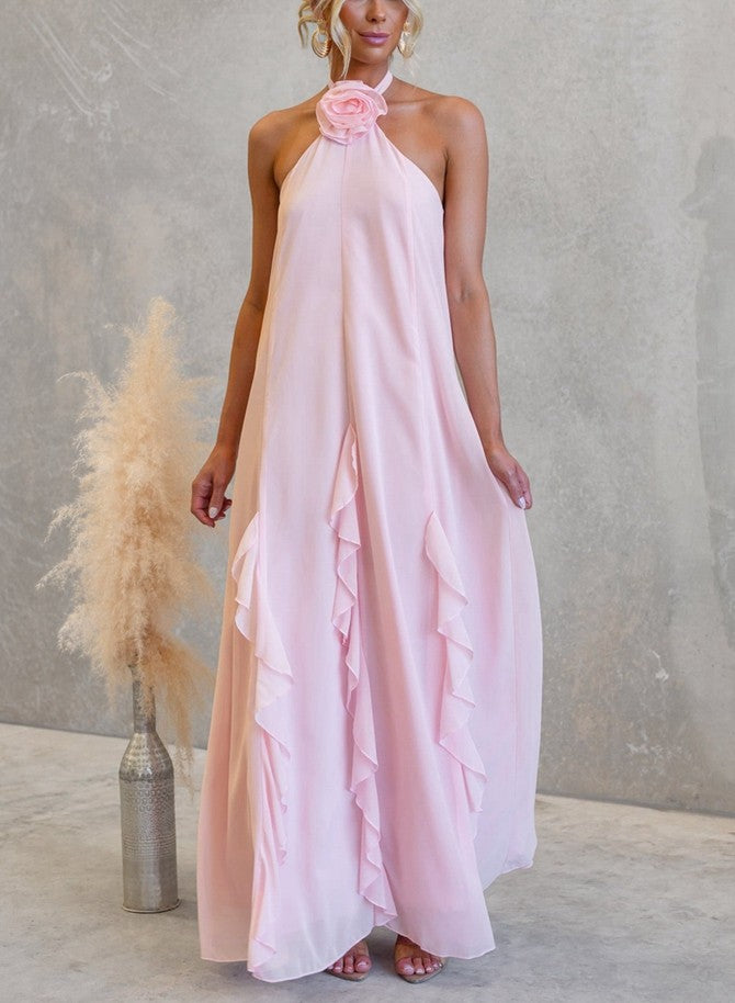 Blush Pink Marcella Rosette Halter Maxi Dress