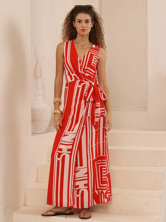 Red and White V-Neck Maxi Sundress