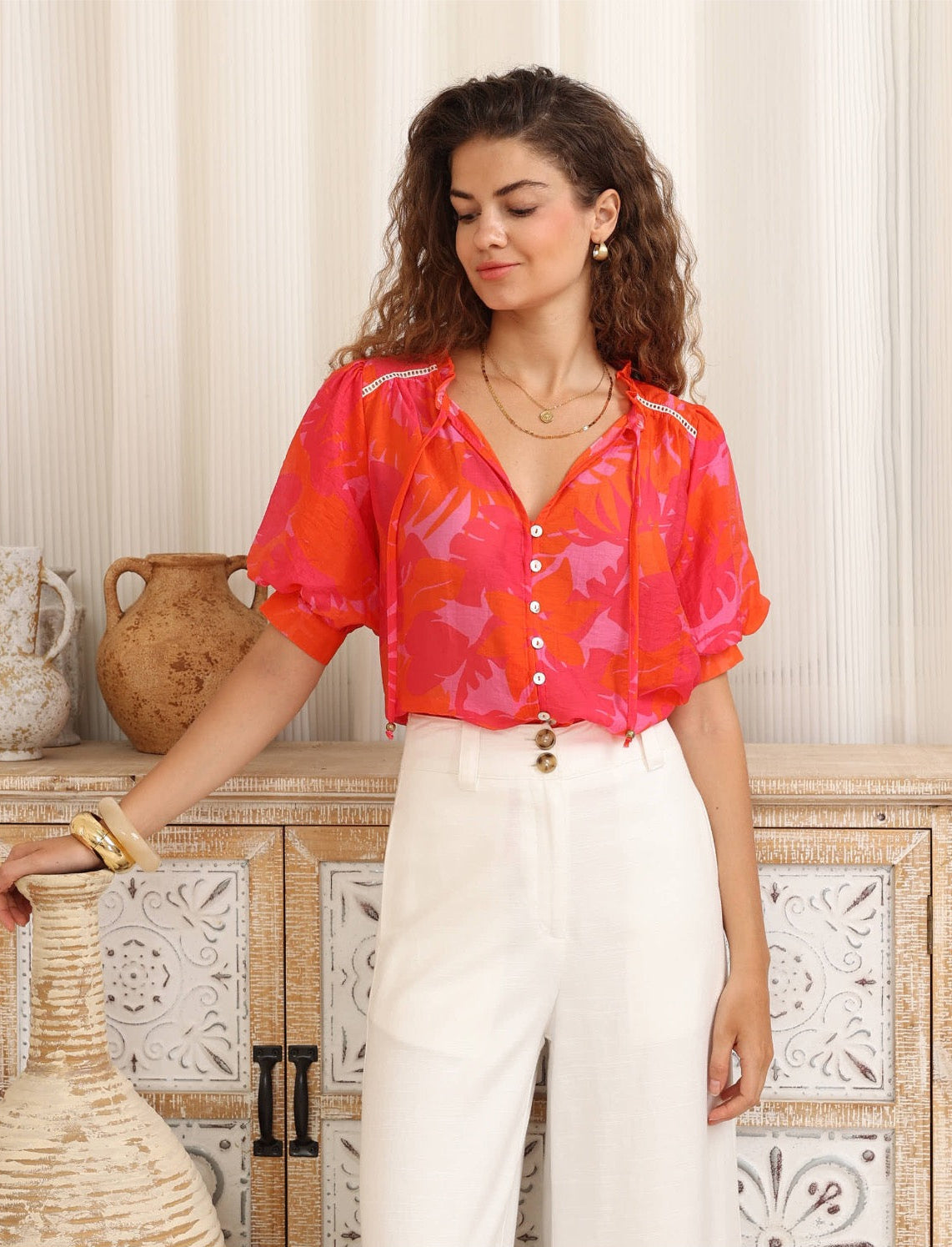 Tropical Puff Sleeve Button-up Blouse