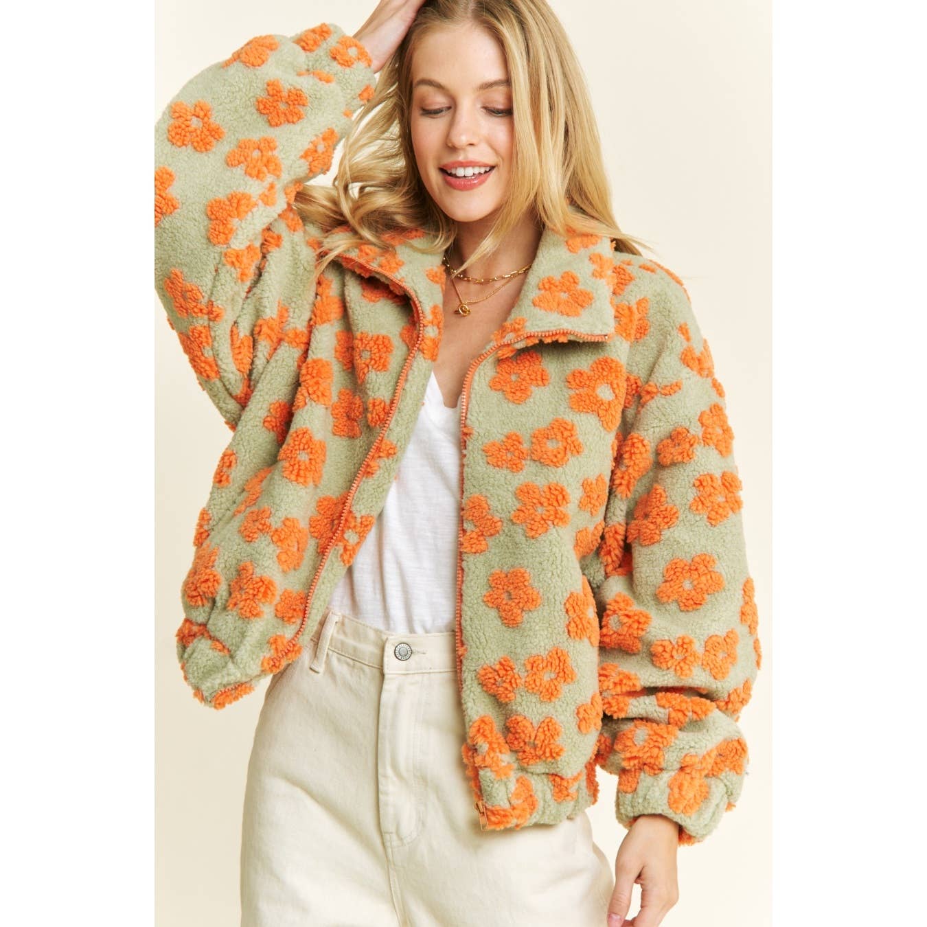 OVERSIZED TERRY BEAR FLEECE FLORAL COLOR BLOCK JACKET