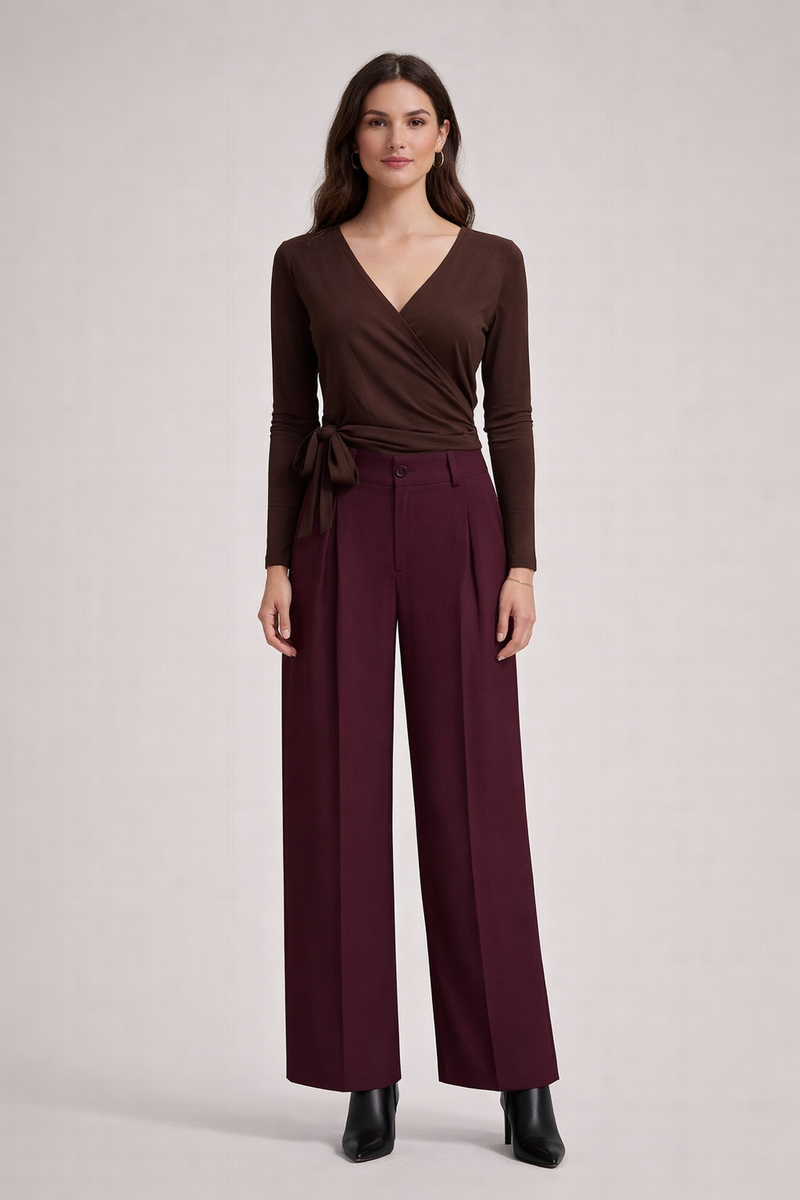 Burgundy Pleated Wide Leg Pants