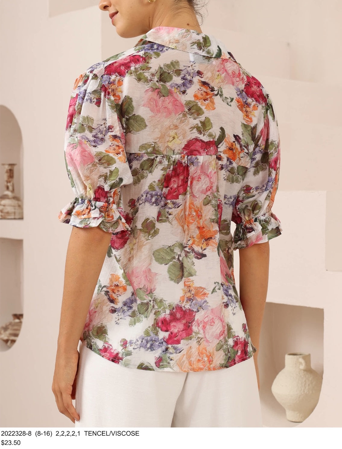 Pink blouse with half sleeves and white trim