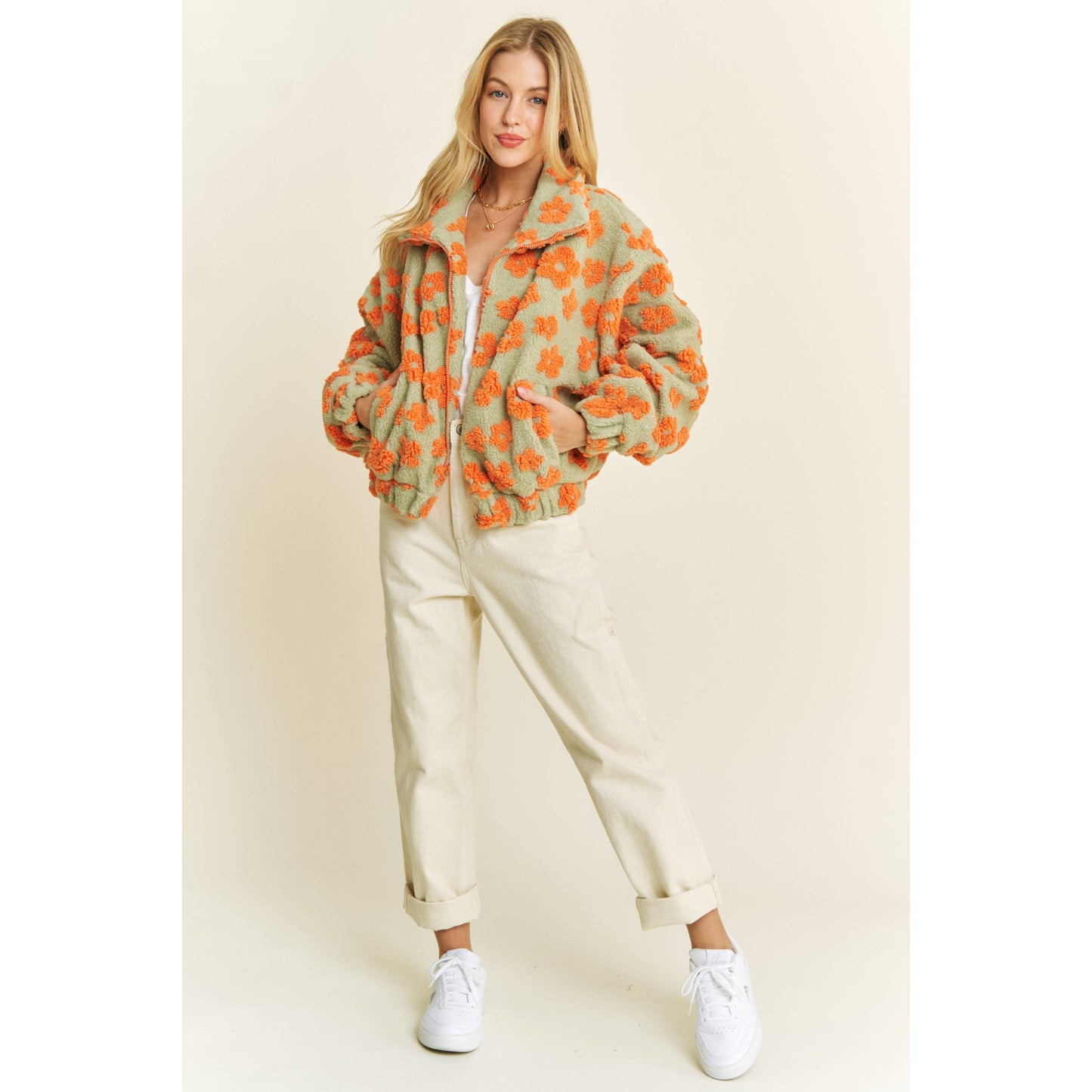 OVERSIZED TERRY BEAR FLEECE FLORAL COLOR BLOCK JACKET