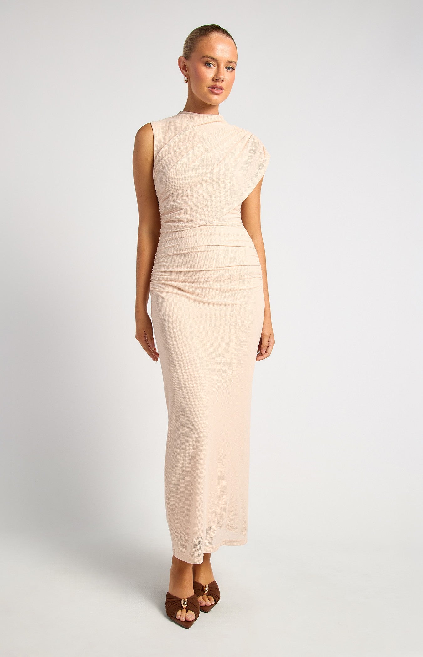 Draped Neckline Textured Mesh Maxi Dress