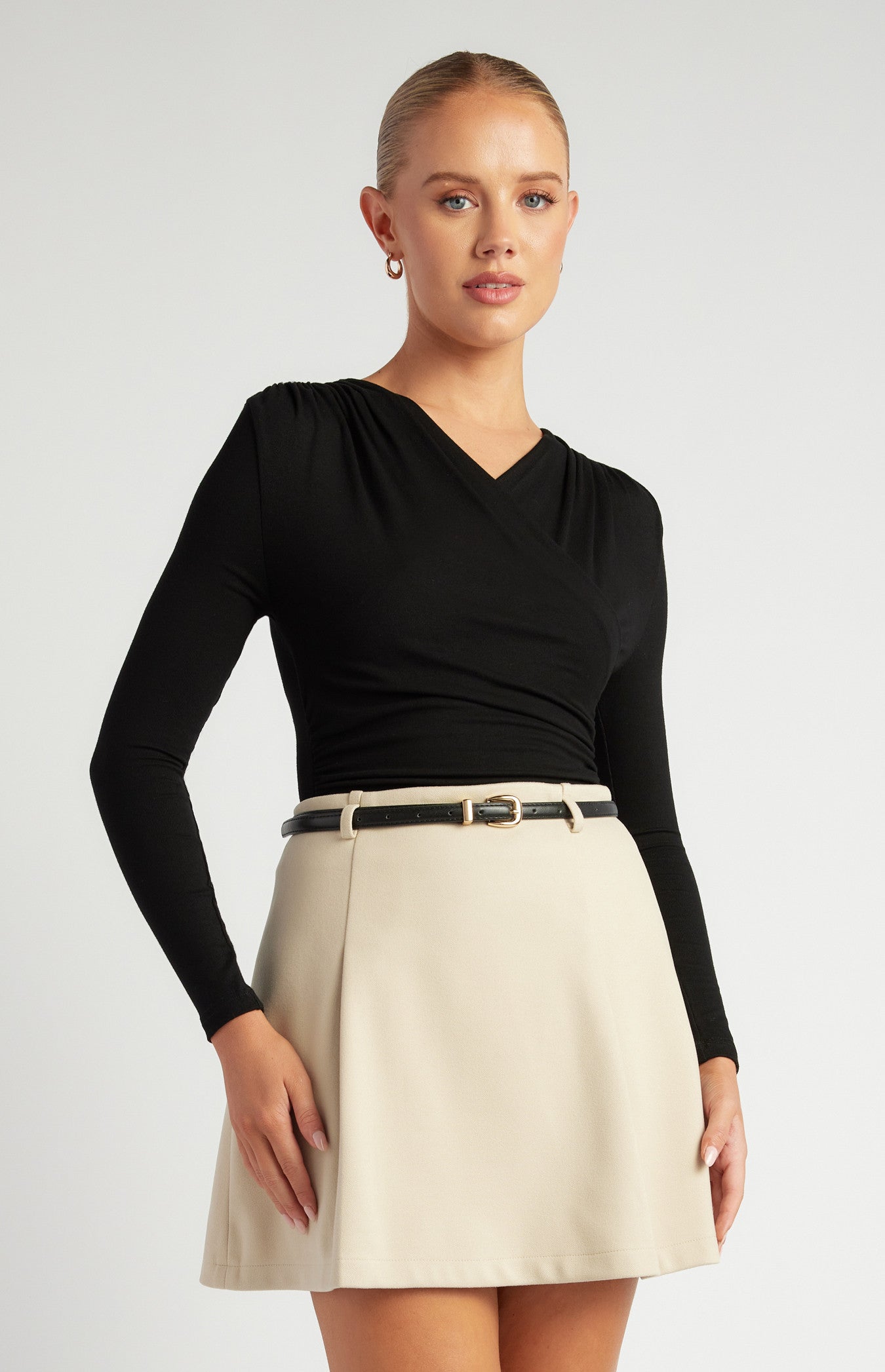 Black Cross Neck Ruched Detail Jersey Bodysuit
