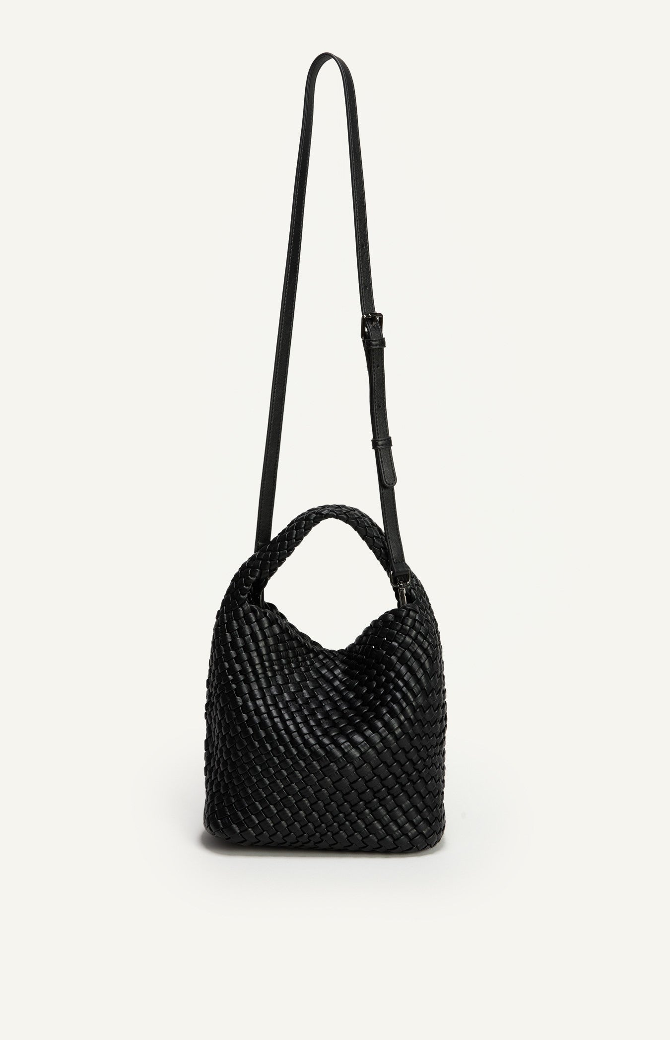 Black Woven Vegan Leather Handle Bag With Woven Pouch - ANGIE HANDLE BAG