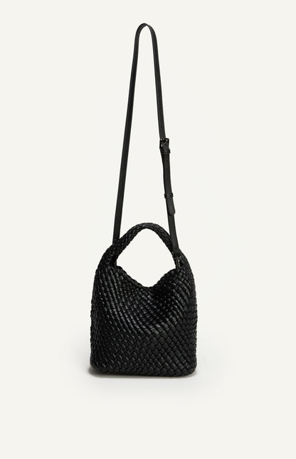 Black Woven Vegan Leather Handle Bag With Woven Pouch - ANGIE HANDLE BAG