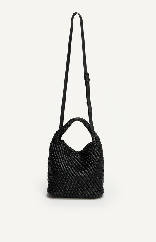 Black Woven Vegan Leather Handle Bag With Woven Pouch - ANGIE HANDLE BAG