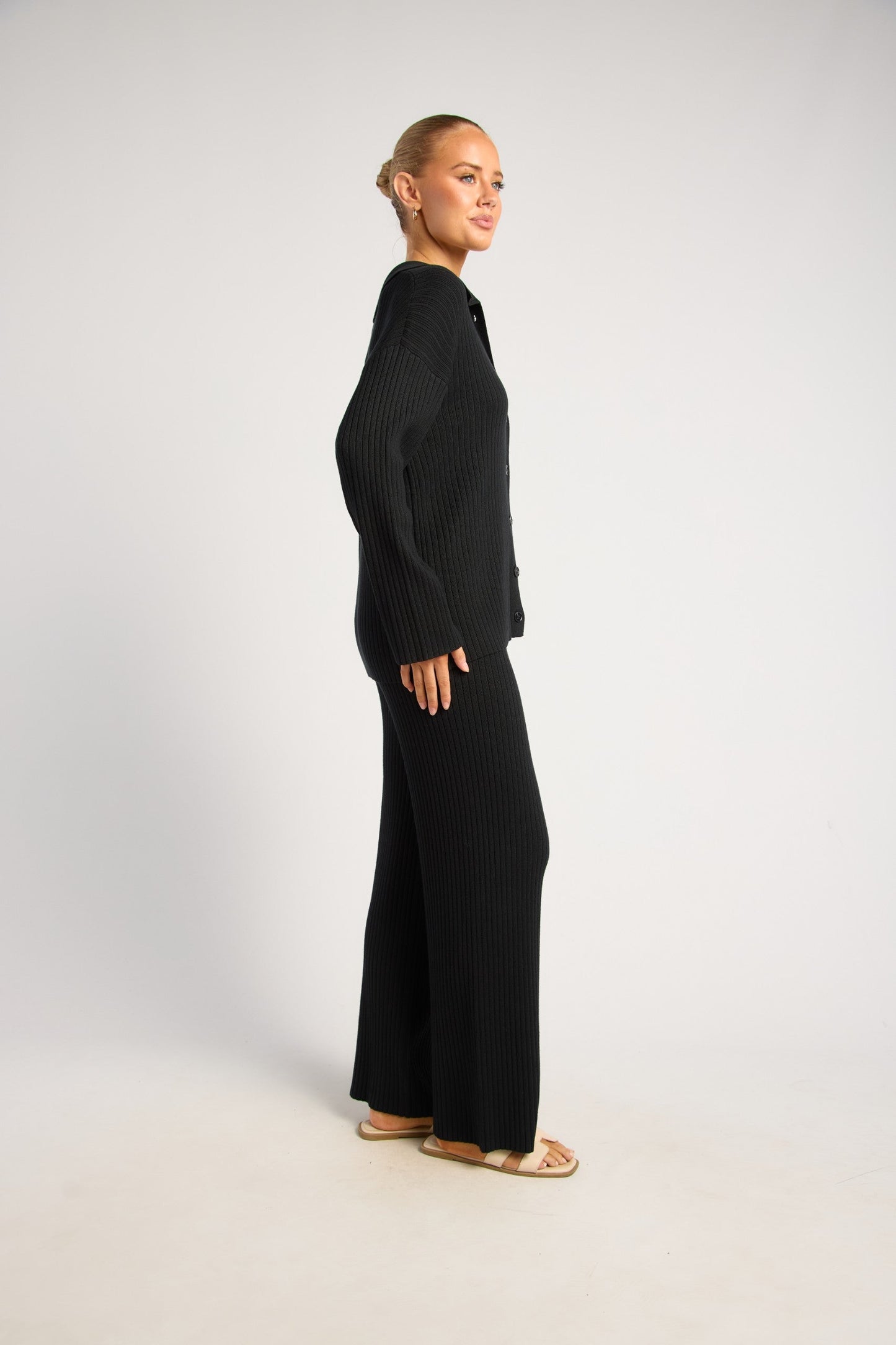 Black Ribbed Knit Set with Front Button Up
