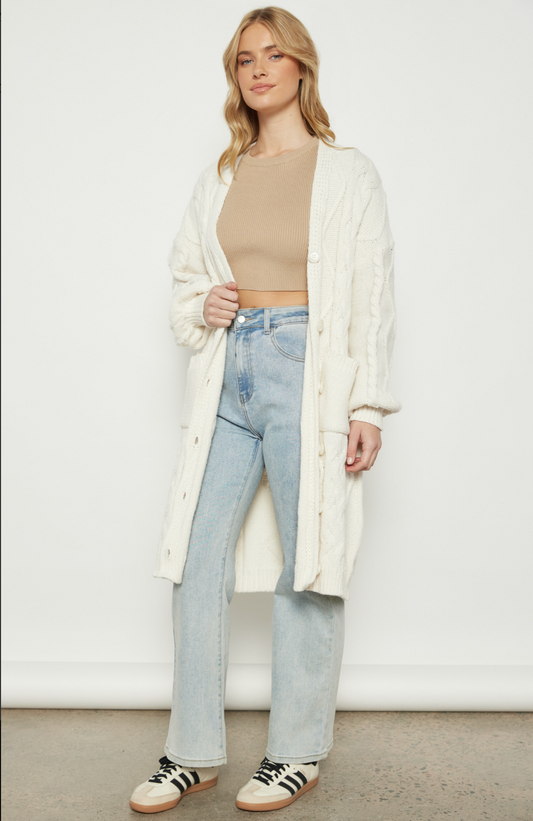 Ivory Cable Knit Long Cardigan with
Buttons and Pocket Detail