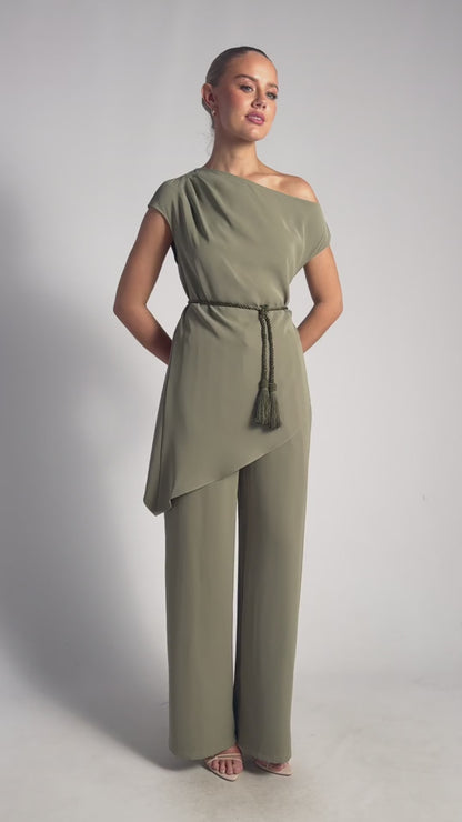 Olive Asymmetric Neckline Top With Tassel Belt Detail