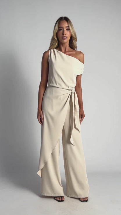 One Shoulder Drape Waist Tie Jumpsuit