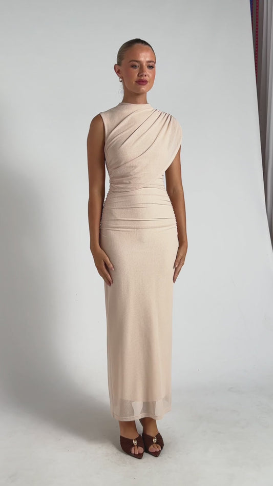 Draped Neckline Textured Mesh Maxi Dress