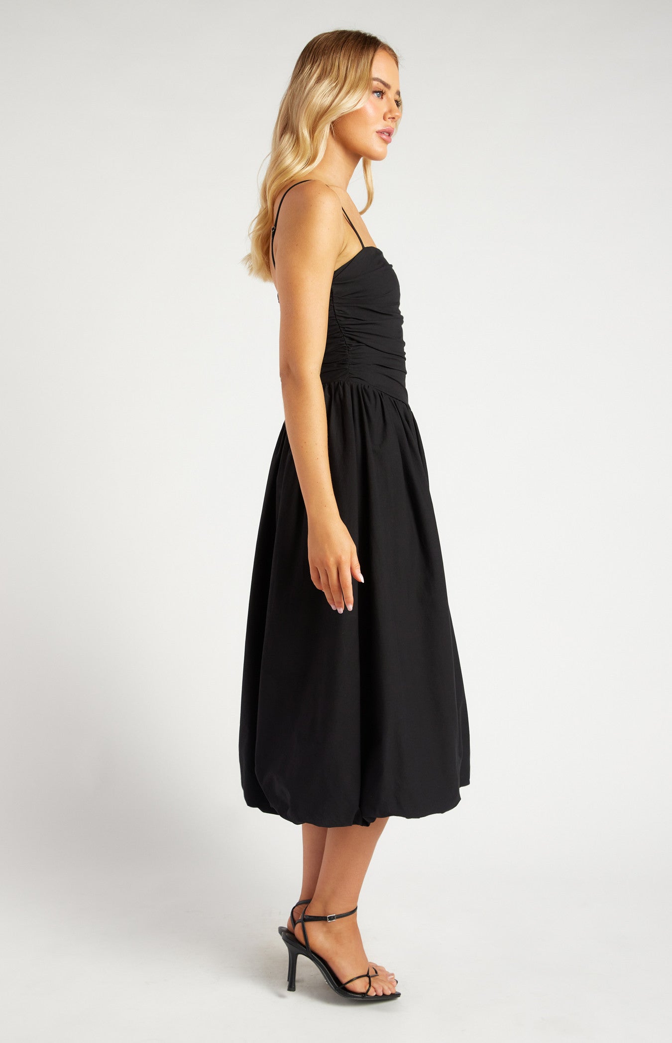 Ruched Bodice Bubble Hem Midi Dress