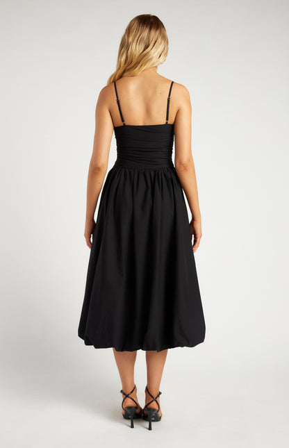 Black Ruched Bodice Bubble Hem Midi Dress