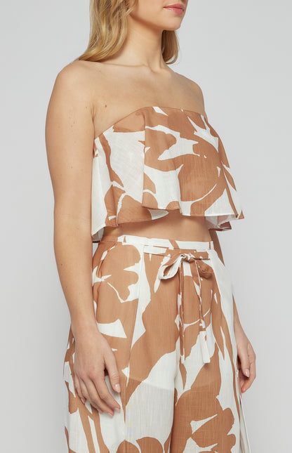 Faux Linen Abstract Prints Strapless Top