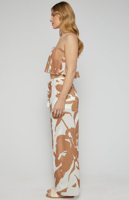 Faux Linen Abstract Prints Strapless Top