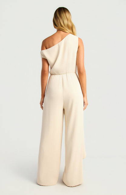 One Shoulder Drape Waist Tie Jumpsuit