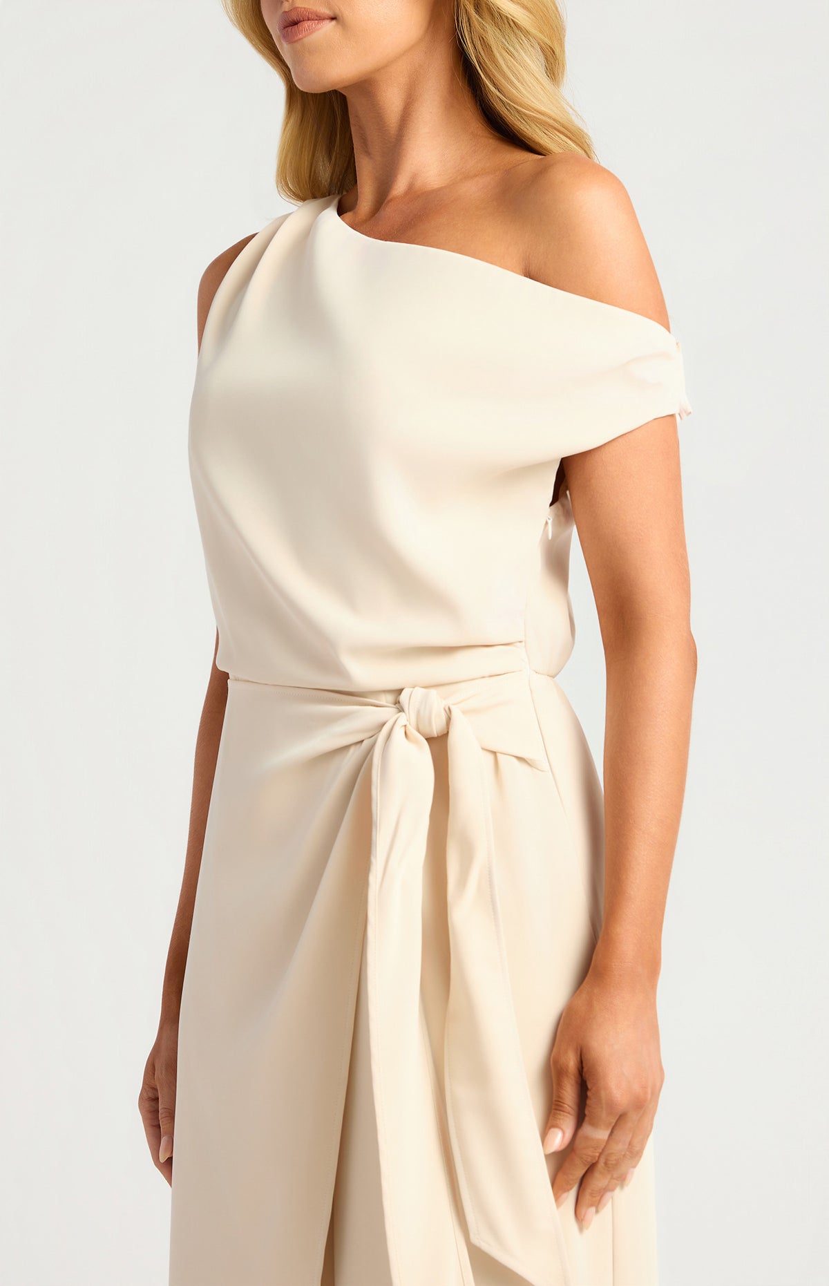 One Shoulder Drape Waist Tie Jumpsuit