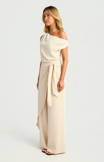 One Shoulder Drape Waist Tie Jumpsuit