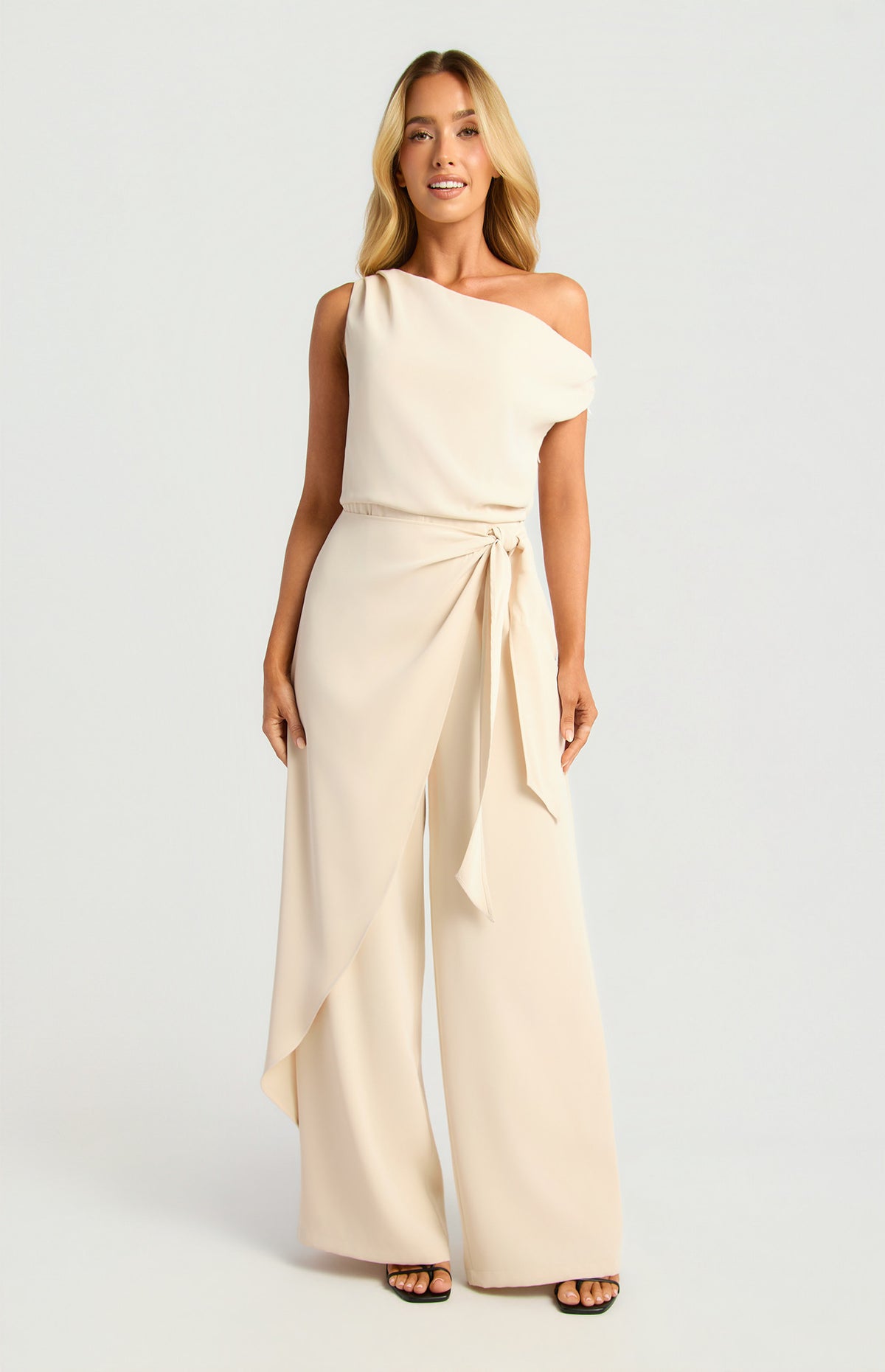 One Shoulder Drape Waist Tie Jumpsuit