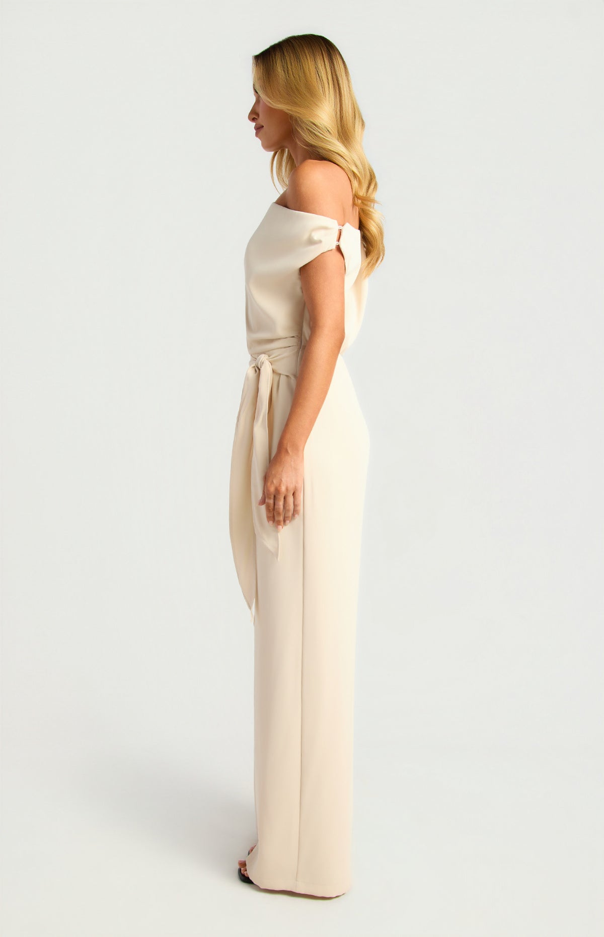 One Shoulder Drape Waist Tie Jumpsuit