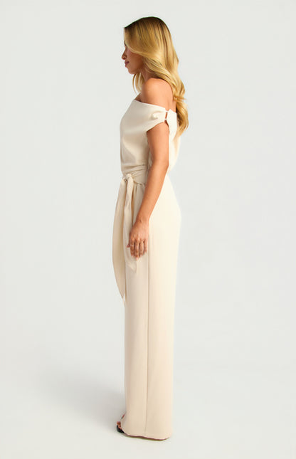 One Shoulder Drape Waist Tie Jumpsuit