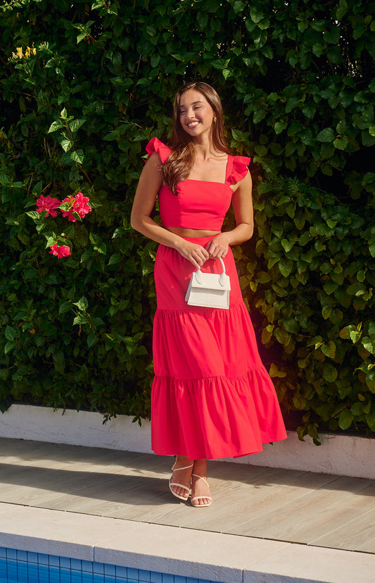 Red Cotton Frill Tiered Skirt