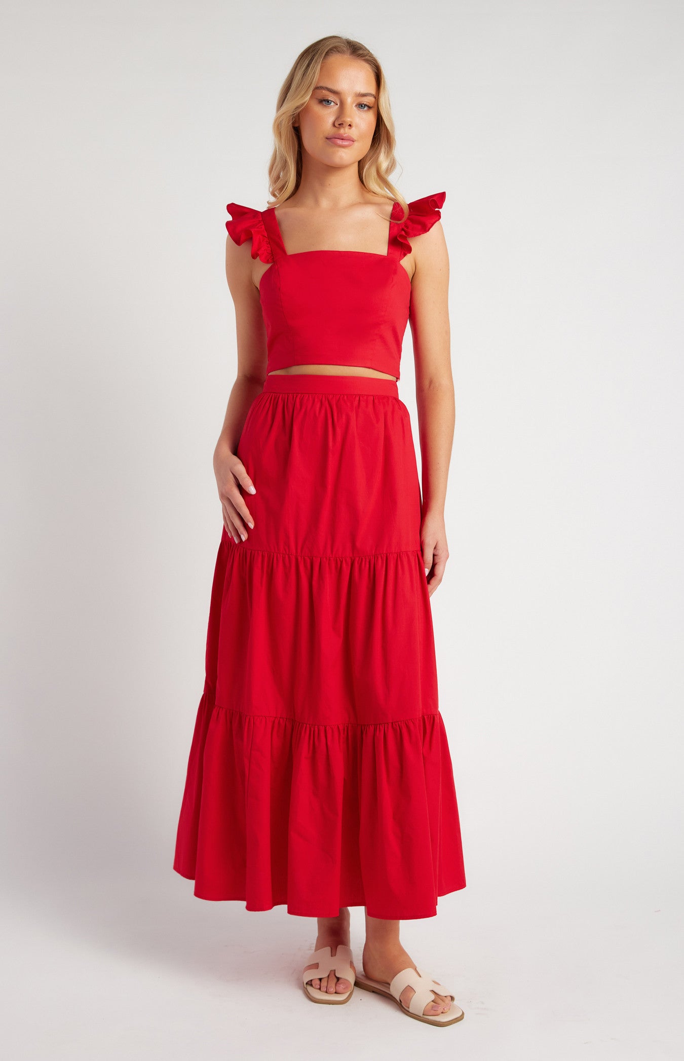 Red Cotton Frill Sleeve Top