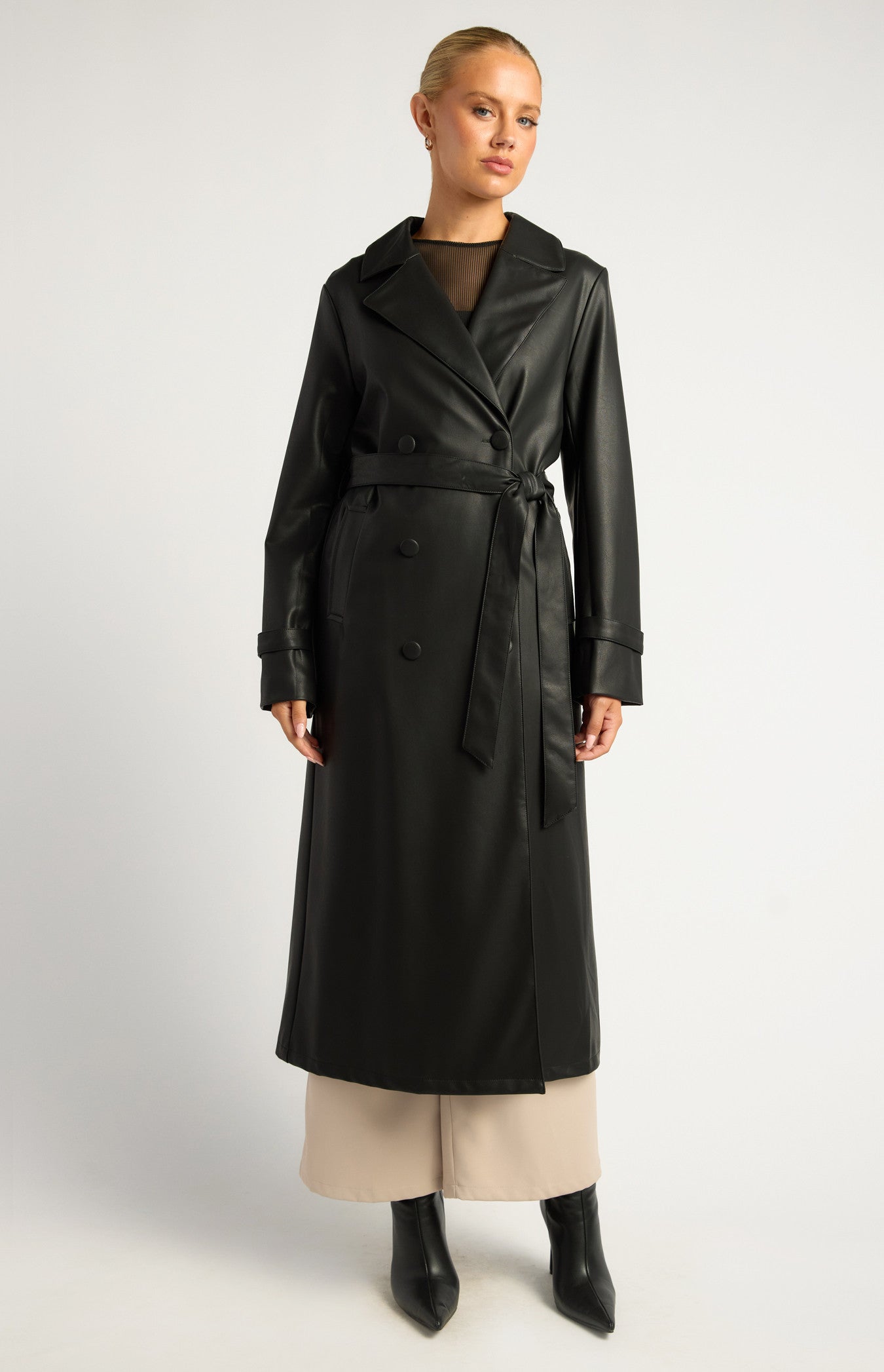 Black Faux Leather Double Breasted Longline Trench Coat