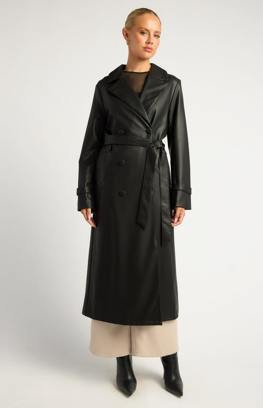 Black Faux Leather Double Breasted Longline Trench Coat