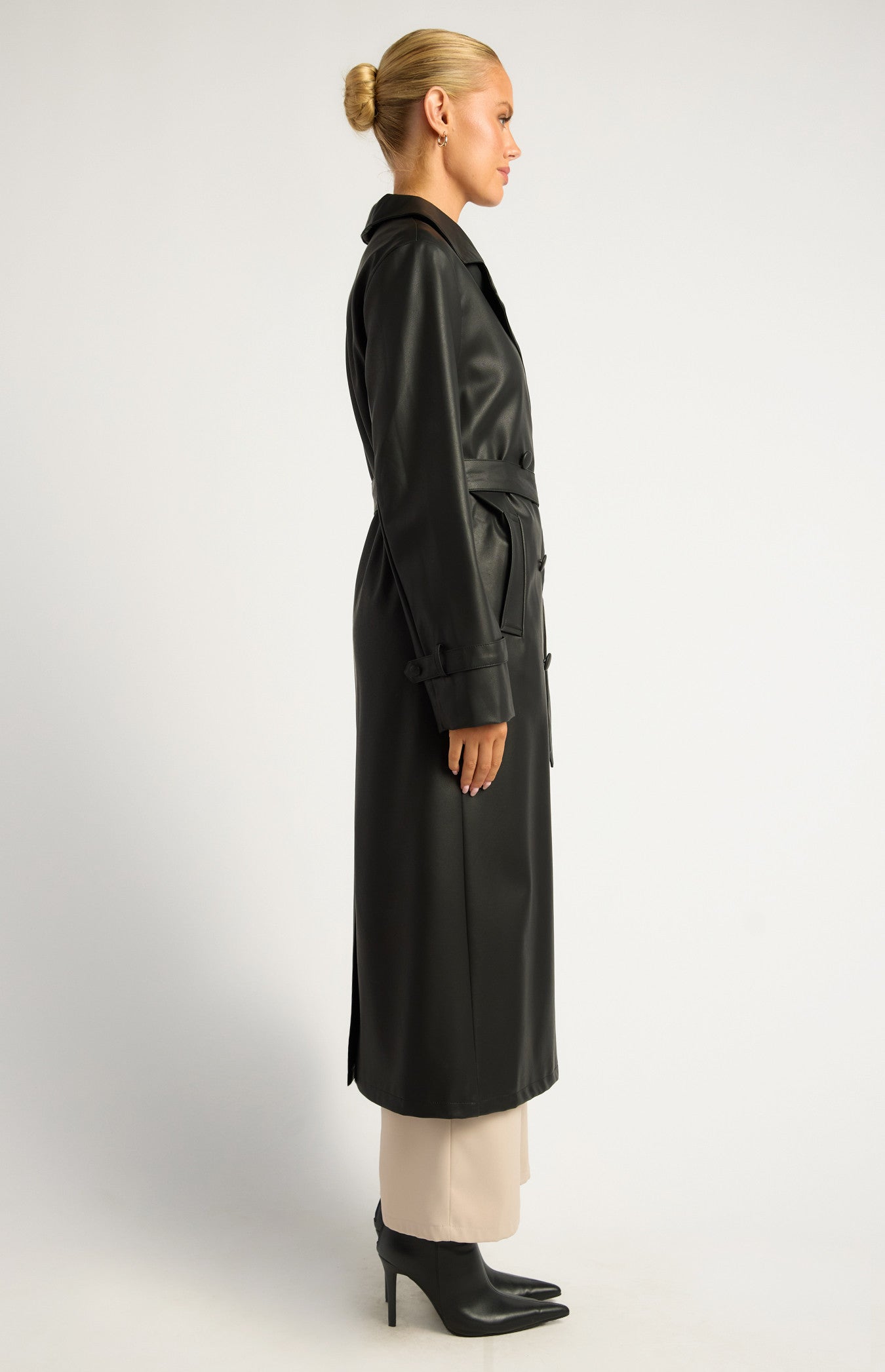 Black Faux Leather Double Breasted Longline Trench Coat