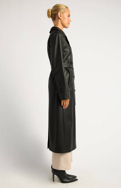 Black Faux Leather Double Breasted Longline Trench Coat