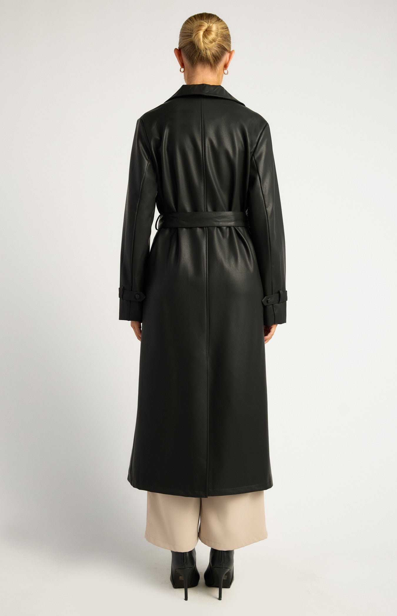 Black Faux Leather Double Breasted Longline Trench Coat