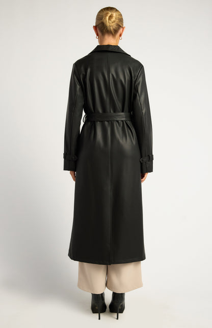 Black Faux Leather Double Breasted Longline Trench Coat