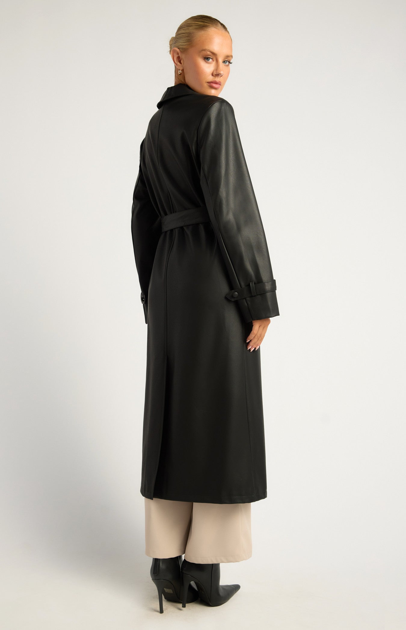 Black Faux Leather Double Breasted Longline Trench Coat