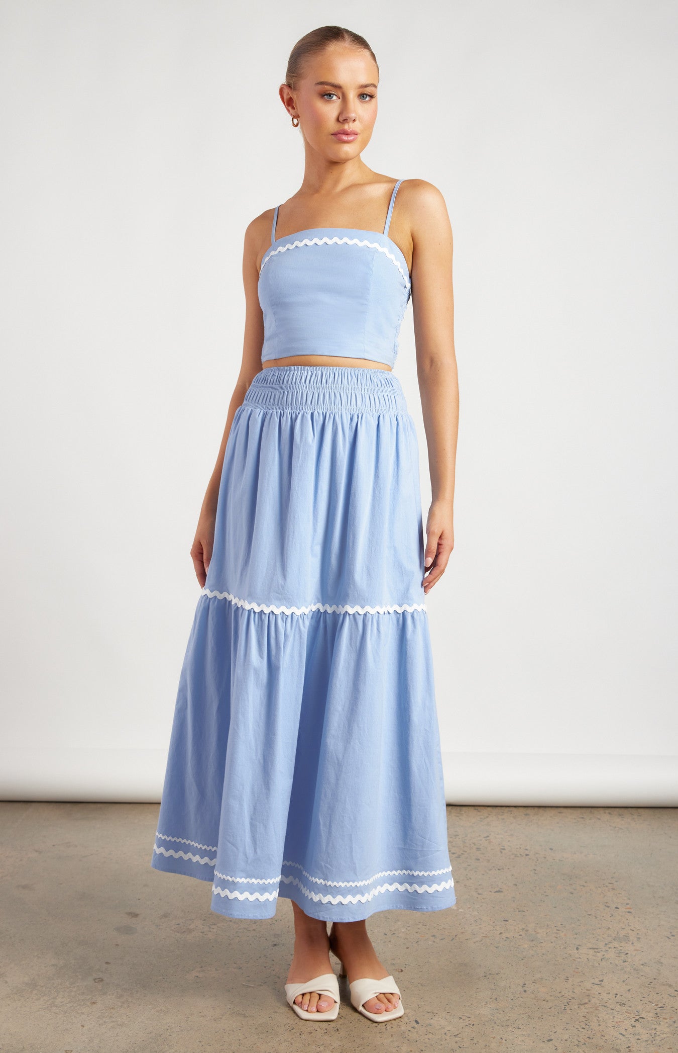 Blue Contrast Wave Trim Shirred Detail - Top