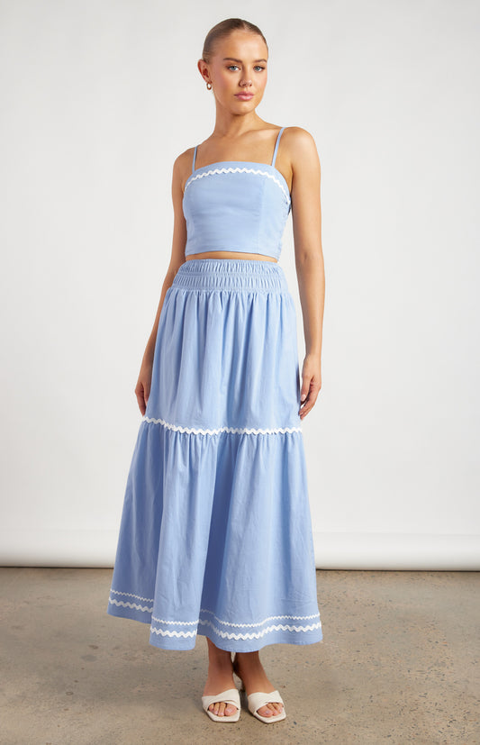 Blue Contrast Wave Trim Shirred Detail - Skirt