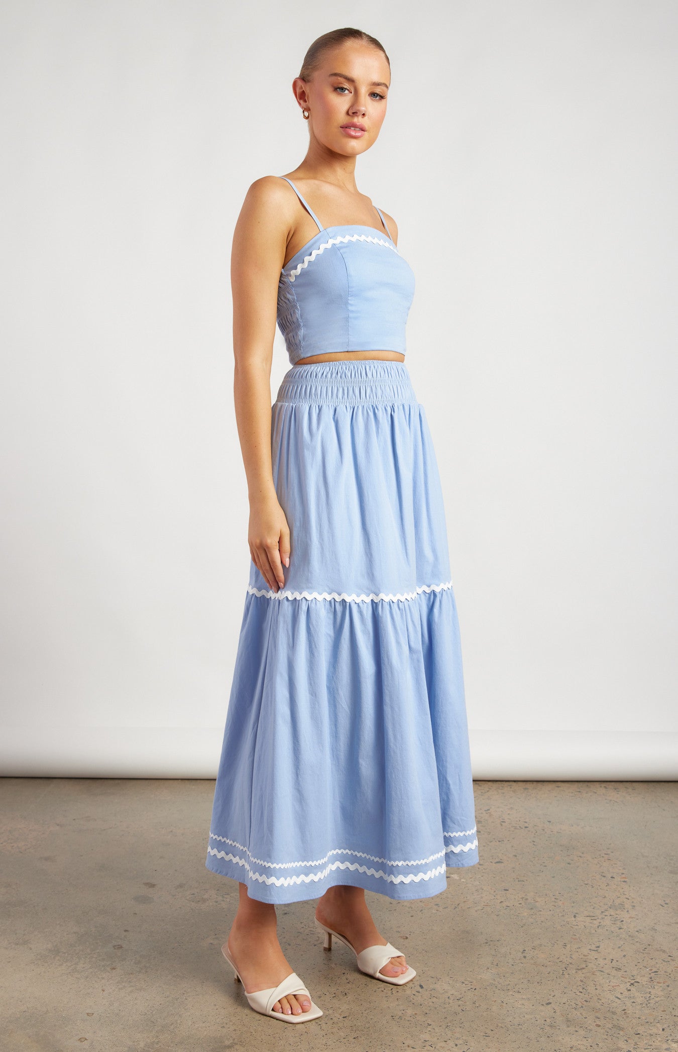 Blue Contrast Wave Trim Shirred Detail - Top