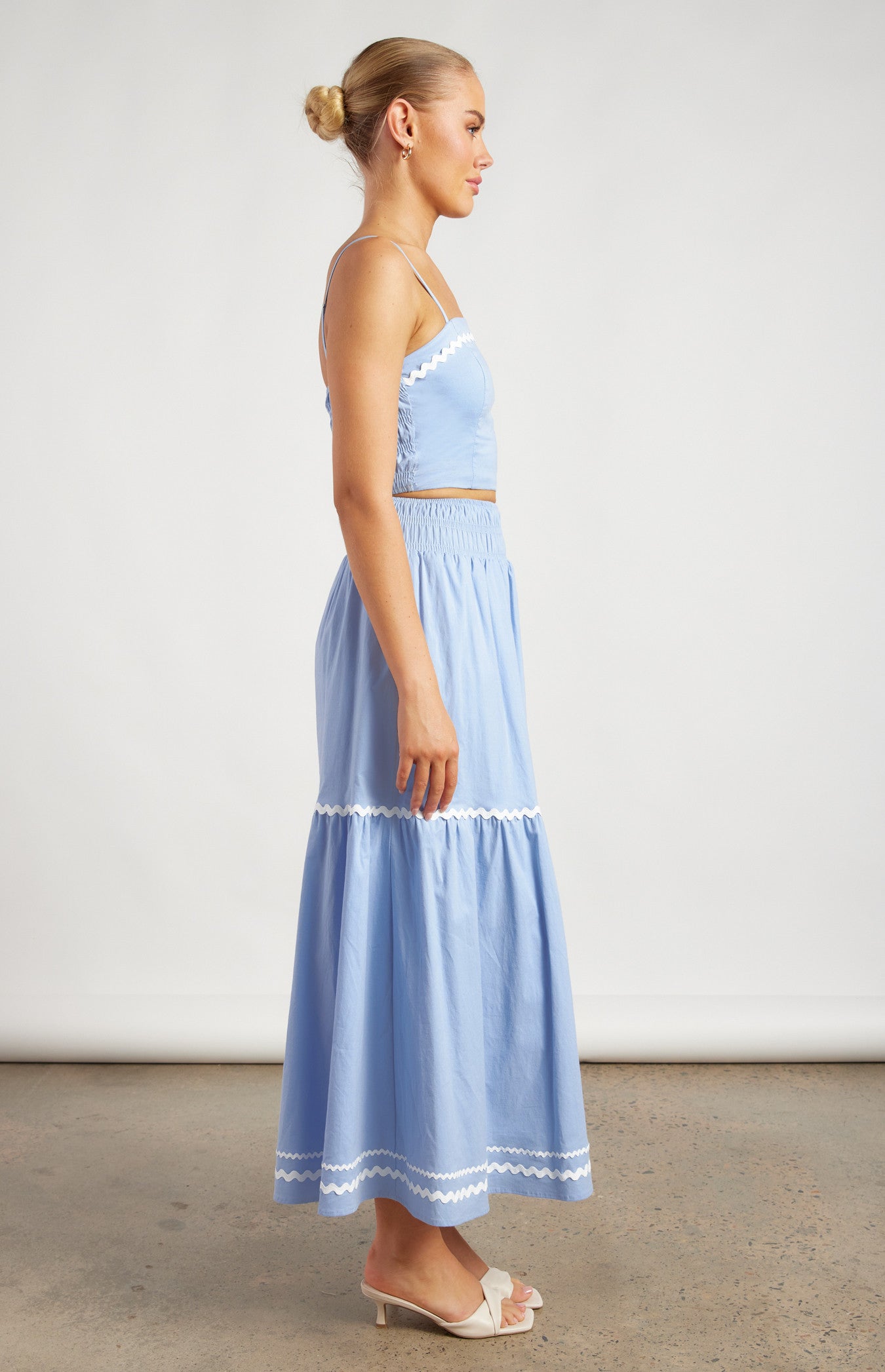 Blue Contrast Wave Trim Shirred Detail - Skirt
